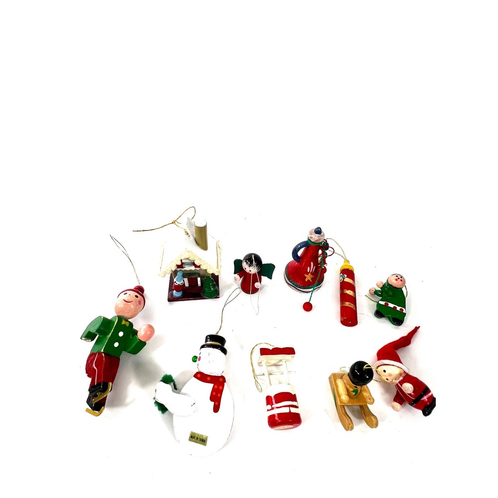 Vintage Wooden Christmas Ornaments Lot Hand Painted Folk Art Taiwan Set 9pc